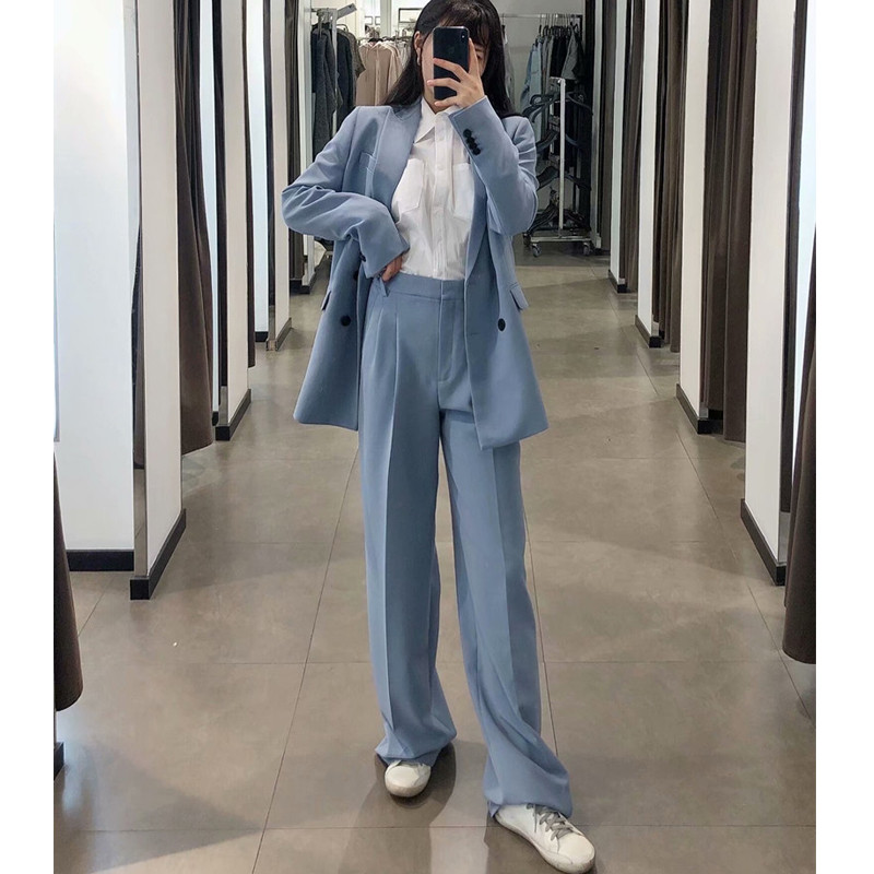 Blazer albastru pentru femei Blazer pentru dama de birou Jacheta pentru femeie Set 2 piese Costume cu pantaloni 2022 primavara toamna ZA tinute casual business elegante