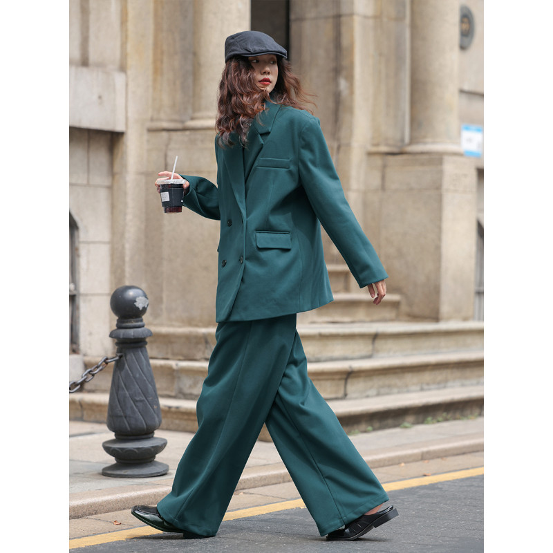 Insozkdg Seturi de costume pentru femei High Street Retro cu mâneci lungi Costum largi Paltoane Chic Casual Pantaloni largi Set două piese Topuri pentru femei