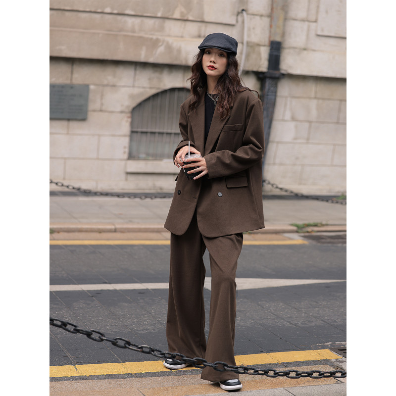 Insozkdg Seturi de costume pentru femei High Street Retro cu mâneci lungi Costum largi Paltoane Chic Casual Pantaloni largi Set două piese Topuri pentru femei