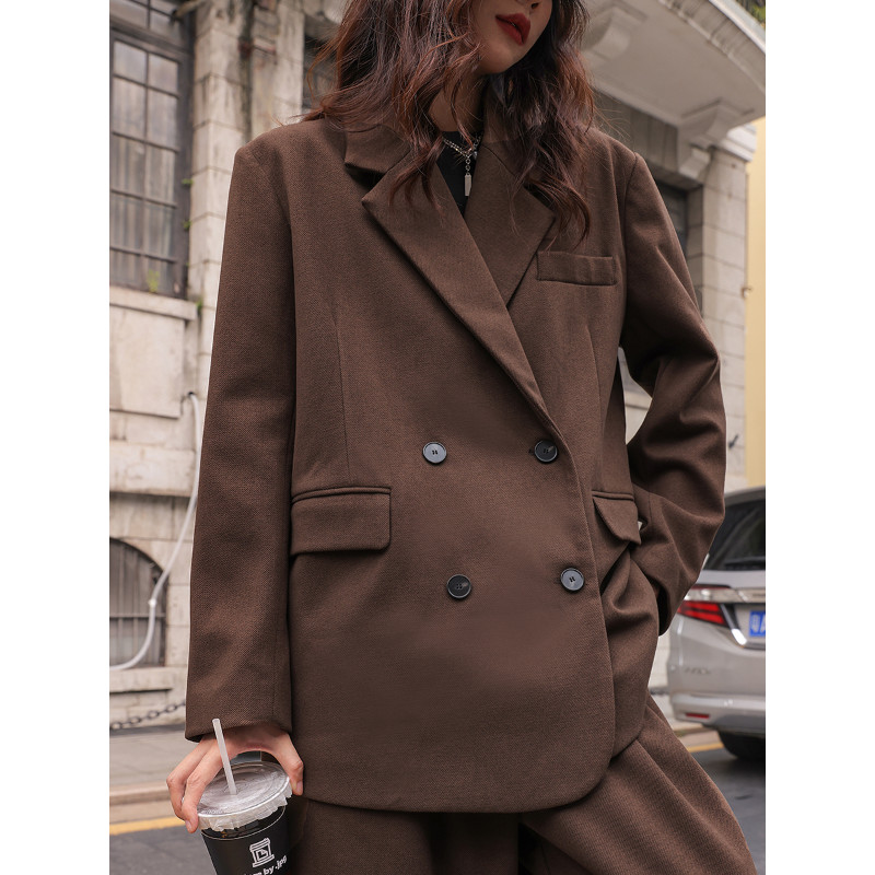 Insozkdg Seturi de costume pentru femei High Street Retro cu mâneci lungi Costum largi Paltoane Chic Casual Pantaloni largi Set două piese Topuri pentru femei