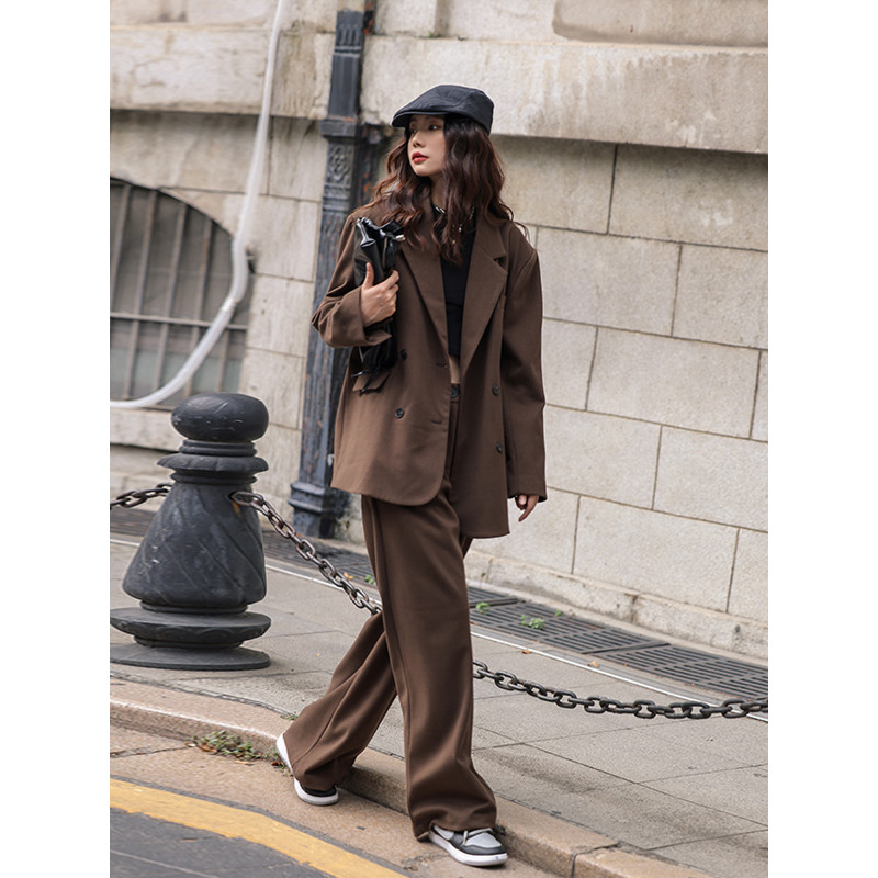 Insozkdg Seturi de costume pentru femei High Street Retro cu mâneci lungi Costum largi Paltoane Chic Casual Pantaloni largi Set două piese Topuri pentru femei