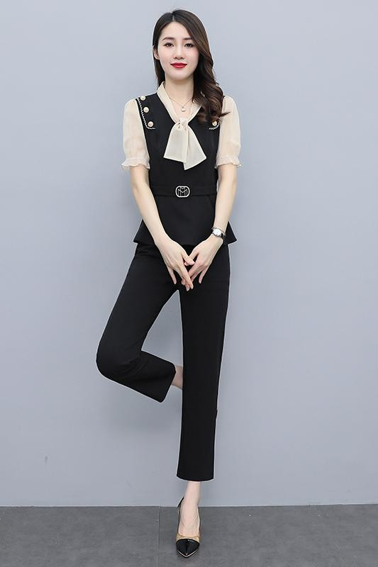 Costum de modă de vară 2022 pentru femeie din dantela top cu mâneci scurte pantaloni creion mărime mare femei set două piese negru