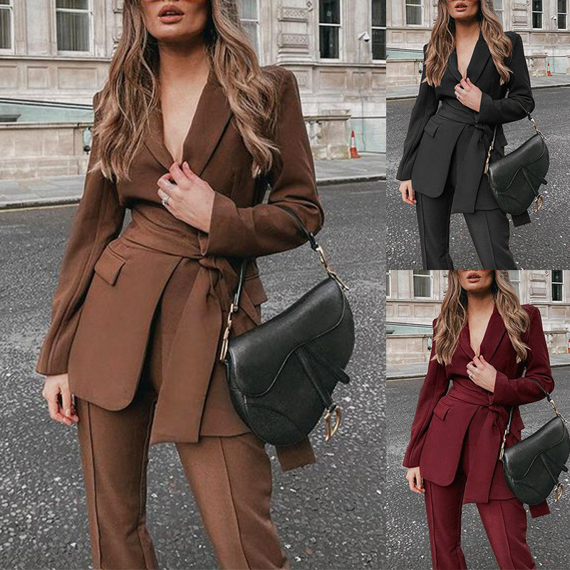 Costum de modă pentru birou pentru femei Costum pantalon din două piese Blazer elegant cu centură Set pentru femeie ocazional pantaloni largi, jachetă, haine de lucru