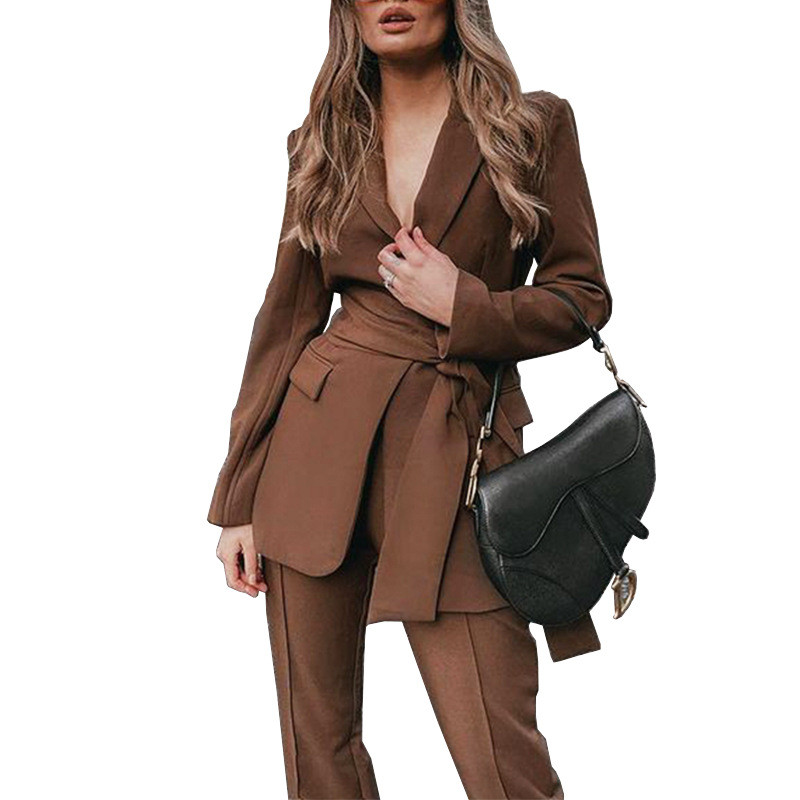 Costum de modă pentru birou pentru femei Costum pantalon din două piese Blazer elegant cu centură Set pentru femeie ocazional pantaloni largi, jachetă, haine de lucru