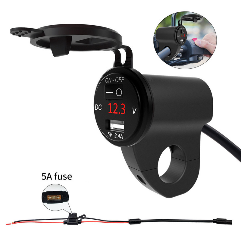 MoFlyeer Încărcător USB pentru motociclete Adaptor rezistent la apă pentru telefon mobil din aliaj de aluminiu 2.4A Afișaj digital Încărcător rapid pentru mașină cu comutator