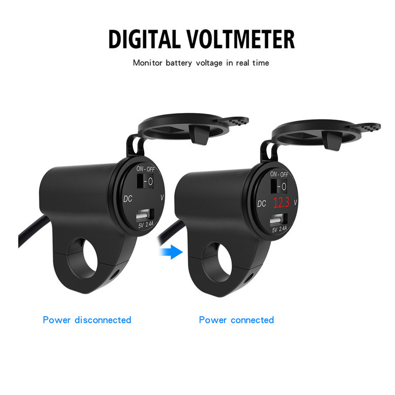 MoFlyeer Încărcător USB pentru motociclete Adaptor rezistent la apă pentru telefon mobil din aliaj de aluminiu 2.4A Afișaj digital Încărcător rapid pentru mașină cu comutator