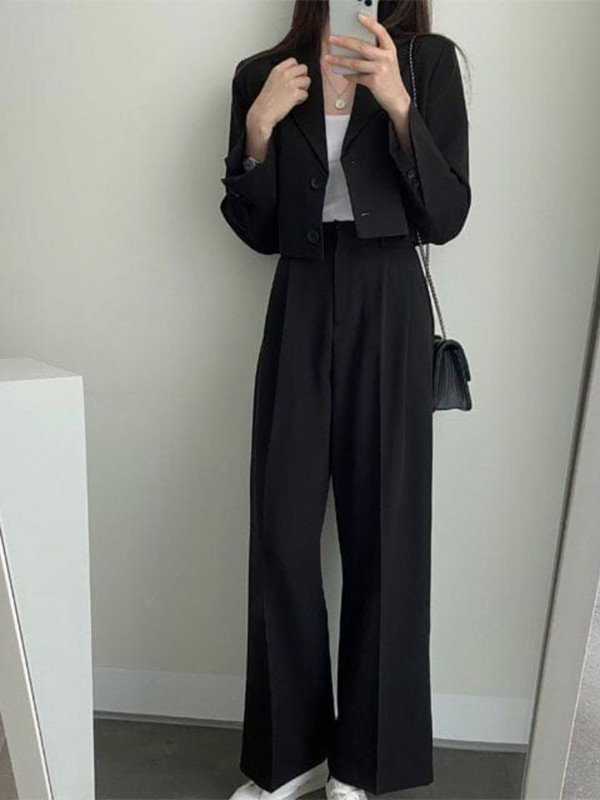 Lnsozkdg Blazer Chic Coreean Costume Femei Set Două Piese Costum Jachetă Top + Pantaloni Drepți Office Lady Ensemble Femme Tinuta 2 Piese
