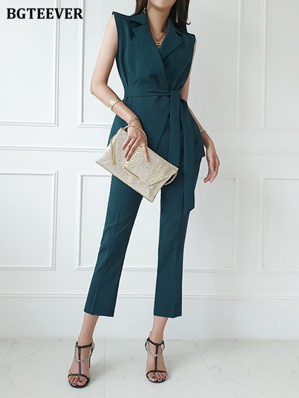 BGTEEVER Set de blazer elegant pentru femei, 2 piese, jachete și pantaloni creion, elegante, fără mâneci, pantaloni de vară pentru femei