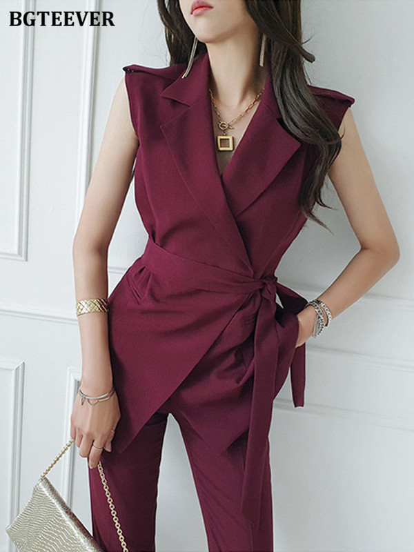 BGTEEVER Set de blazer elegant pentru femei, 2 piese, jachete și pantaloni creion, elegante, fără mâneci, pantaloni de vară pentru femei