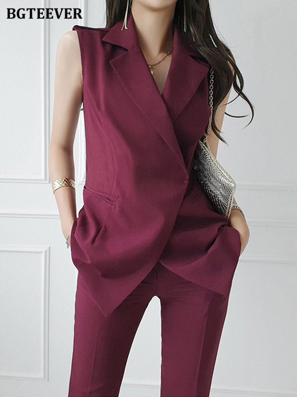 BGTEEVER Set de blazer elegant pentru femei, 2 piese, jachete și pantaloni creion, elegante, fără mâneci, pantaloni de vară pentru femei