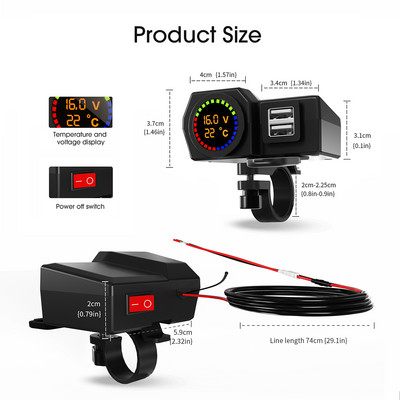 USB motorkerékpár töltő feszültségmérő hőmérővel, kétportos motorkerékpár kormányrúd tápegység adapter mobiltelefonhoz