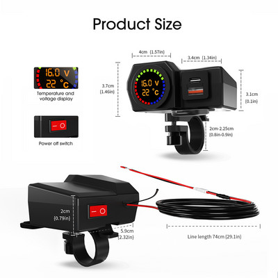 USB motorkerékpár töltő feszültségmérő hőmérővel, kétportos motorkerékpár kormányrúd tápegység adapter mobiltelefonhoz