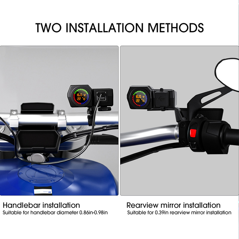 Încărcător USB pentru motociclete cu voltmetru Termometru Port dublu pentru ghidon de motocicletă Adaptor de alimentare pentru telefon mobil