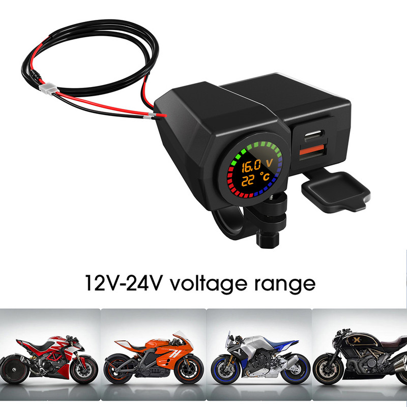 Încărcător USB pentru motociclete cu voltmetru Termometru Port dublu pentru ghidon de motocicletă Adaptor de alimentare pentru telefon mobil