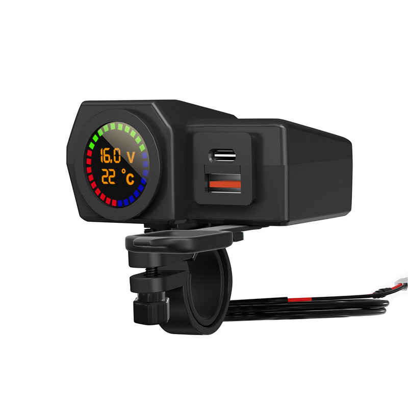 Încărcător USB pentru motociclete cu voltmetru Termometru Port dublu pentru ghidon de motocicletă Adaptor de alimentare pentru telefon mobil