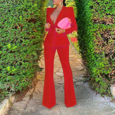Női 2 részes készletek Hozzáillő Outfit V-nyakú blézer felső és magas derekú Bodycon flare nadrágkosztüm Elegáns alkalmi irodai női öltöny