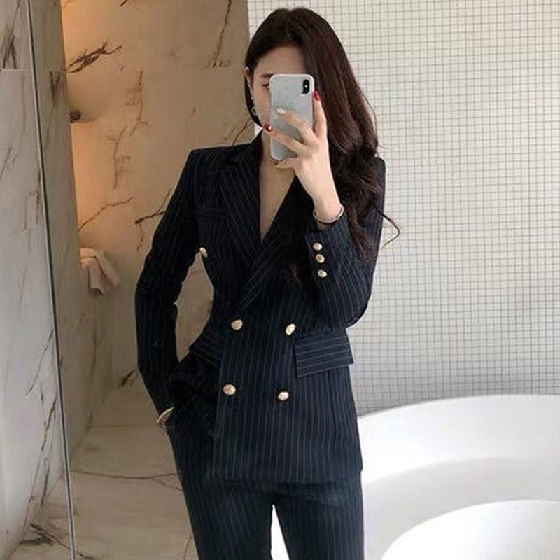Blazer casual grațios de damă, pantaloni lungi, set de 2 bucăți, haină coreeană elegantă cu dungi, pantaloni cu talie înaltă, jachetă de lucru