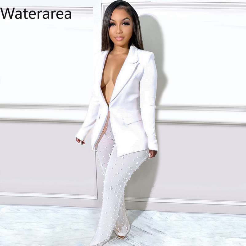 Costum Blazer Waterarea cu plasă cu margele Pantaloni transparente Set 2 2 piese Sexy 2022 Costume de iarnă pentru femei Îmbrăcăminte de birou Blazer