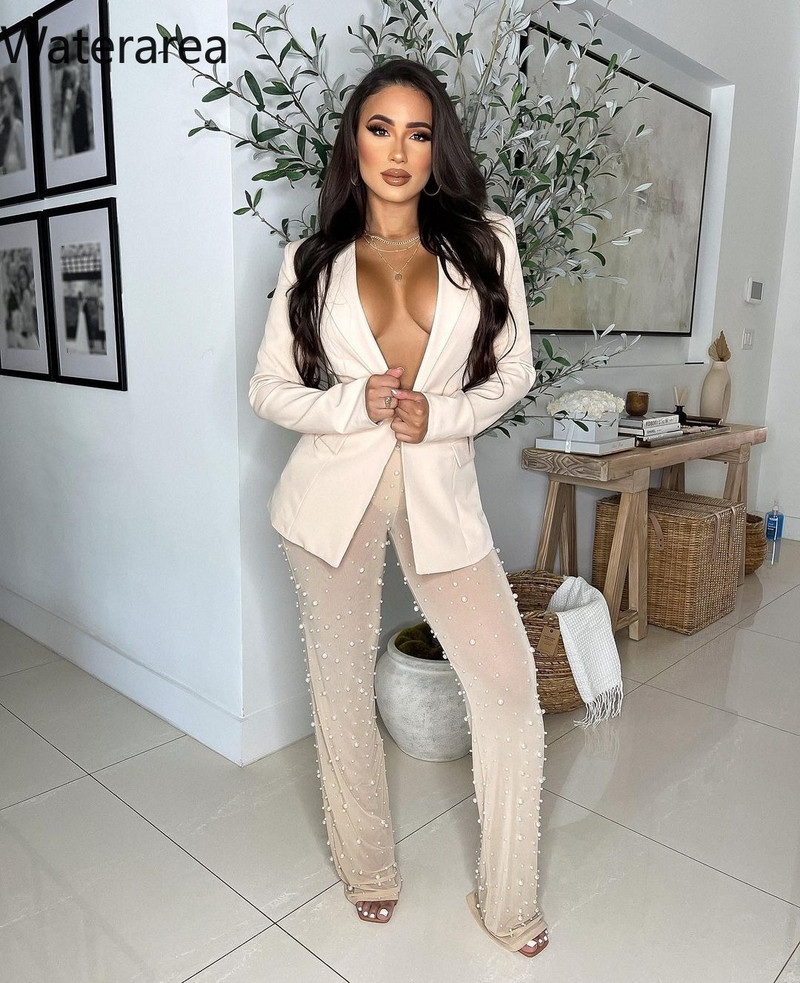Costum Blazer Waterarea cu plasă cu margele Pantaloni transparente Set 2 2 piese Sexy 2022 Costume de iarnă pentru femei Îmbrăcăminte de birou Blazer