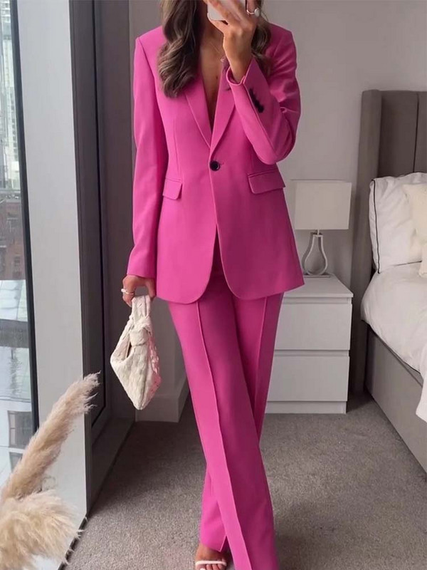 TRAF Set de sacouri pentru femei 2023, nou, costum de birou pentru femei, jachetă vintage cu mânecă lungă, ocazional, topuri, pantaloni cu talie înaltă