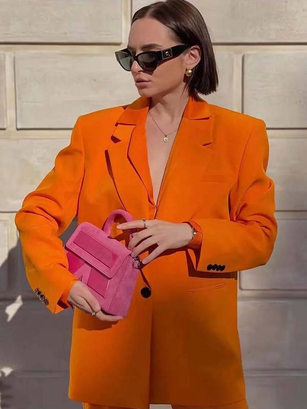 TRAF Set de sacouri pentru femei 2023, nou, costum de birou pentru femei, jachetă vintage cu mânecă lungă, ocazional, topuri, pantaloni cu talie înaltă