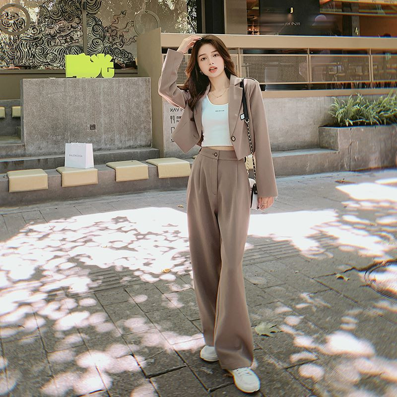 Jachete coreene pentru femei noi de toamnă, haine scurte cu blazer + talie înaltă, picior lat, pantaloni drepti, subțiri, costum casual