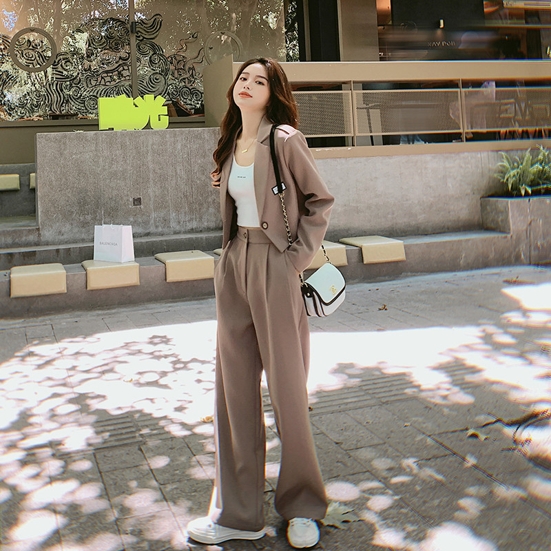 Jachete coreene pentru femei noi de toamnă, haine scurte cu blazer + talie înaltă, picior lat, pantaloni drepti, subțiri, costum casual