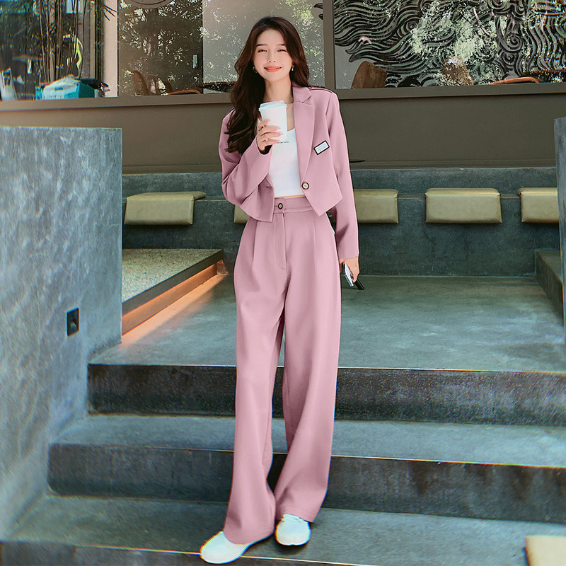 Jachete coreene pentru femei noi de toamnă, haine scurte cu blazer + talie înaltă, picior lat, pantaloni drepti, subțiri, costum casual