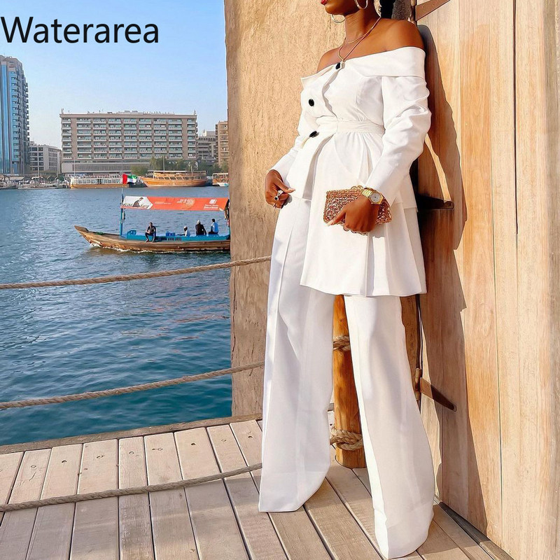 Waterarea Office Lady Costum Elegant Maneca Lunga Decolteu Neregulat Bluze Top si Pantaloni drepti Set doua piese Africa
