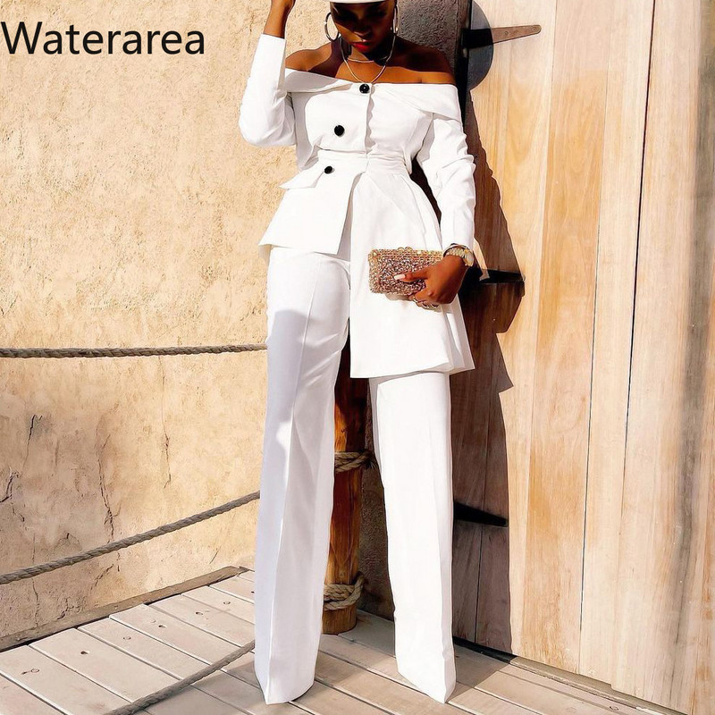 Waterarea Office Lady Costum Elegant Maneca Lunga Decolteu Neregulat Bluze Top si Pantaloni drepti Set doua piese Africa