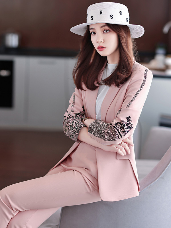 Moda Femei Alb Albastru Roz Pantaloni Costum Formal Femeie Blazer și Pantaloni Doamnelor Iarna Imbracaminte de lucru Set 2 piese