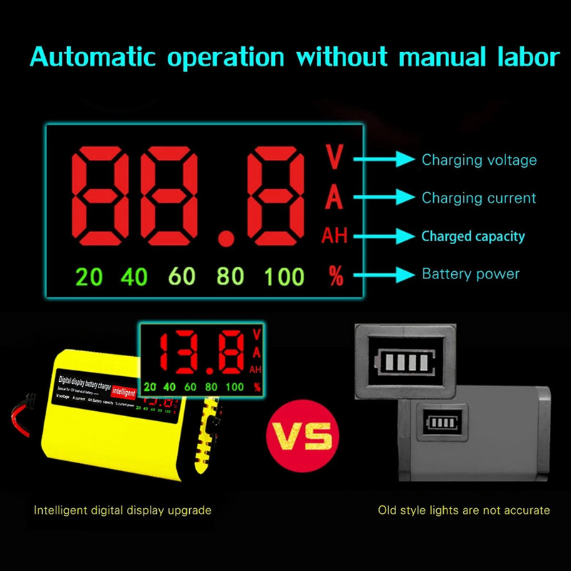 Motociklo akumuliatoriaus įkroviklis Apsauga nuo trumpojo jungimo 12V/24V išmanusis LED ekranas Motociklo švino rūgšties akumuliatoriaus įkroviklis