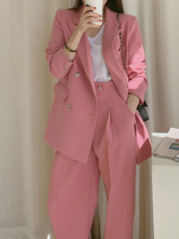 Tavaszi alkalmi elegáns női blézer nadrágkosztüm, hosszú ujjú kabát+magas derekú nadrág 2 részes női divatos koreai nadrágkosztüm