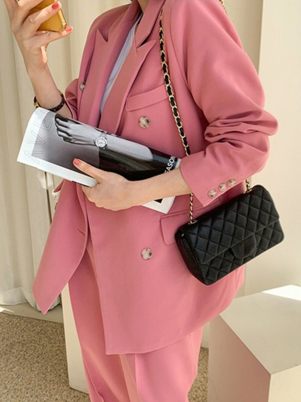 Tavaszi alkalmi elegáns női blézer nadrágkosztüm, hosszú ujjú kabát+magas derekú nadrág 2 részes női divatos koreai nadrágkosztüm