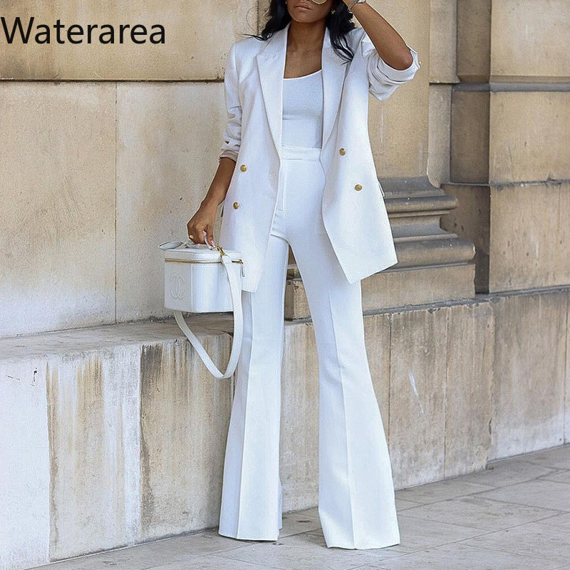 Wateratea New costume africane pentru femei Blazer cu mâneci lungi haină drepte pantaloni lungi costume femei solide set 2 piese femei