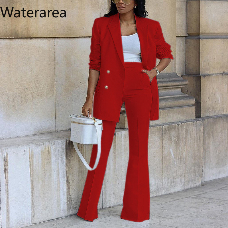 Wateratea New costume africane pentru femei Blazer cu mâneci lungi haină drepte pantaloni lungi costume femei solide set 2 piese femei