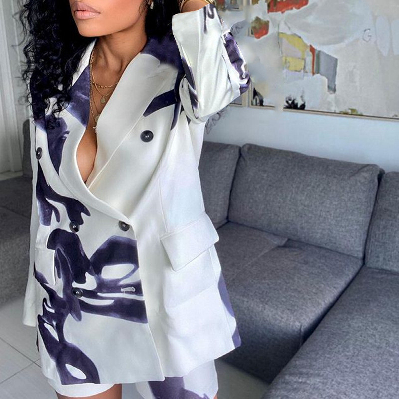 Waterarea Office Lady Work Street Wear Femei Print Maneca intreaga Blazere Crestate Costum Pantaloni Pantaloni Elegant Set Doua 2 Piese Tinuta Toamna