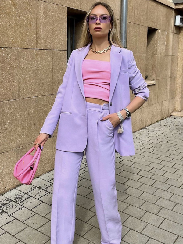 Jachetă elegantă pentru femeie mov cu un singur piept 2022 pantaloni cu talie înaltă pentru damă de birou Set de costume vintage de culoare solidă pentru femei