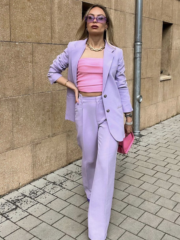 Jachetă elegantă pentru femeie mov cu un singur piept 2022 pantaloni cu talie înaltă pentru damă de birou Set de costume vintage de culoare solidă pentru femei