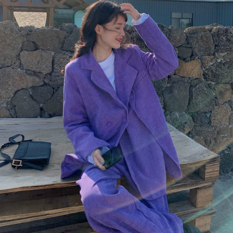 Blazere din velur cu design mov, solid, cu crestătură, pantaloni șic, uni, în stil coreean, de primăvară, de toamnă, pentru femei