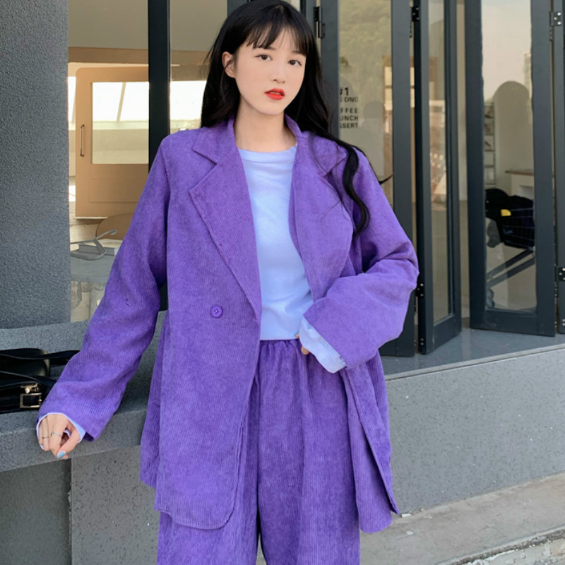 Blazere din velur cu design mov, solid, cu crestătură, pantaloni șic, uni, în stil coreean, de primăvară, de toamnă, pentru femei