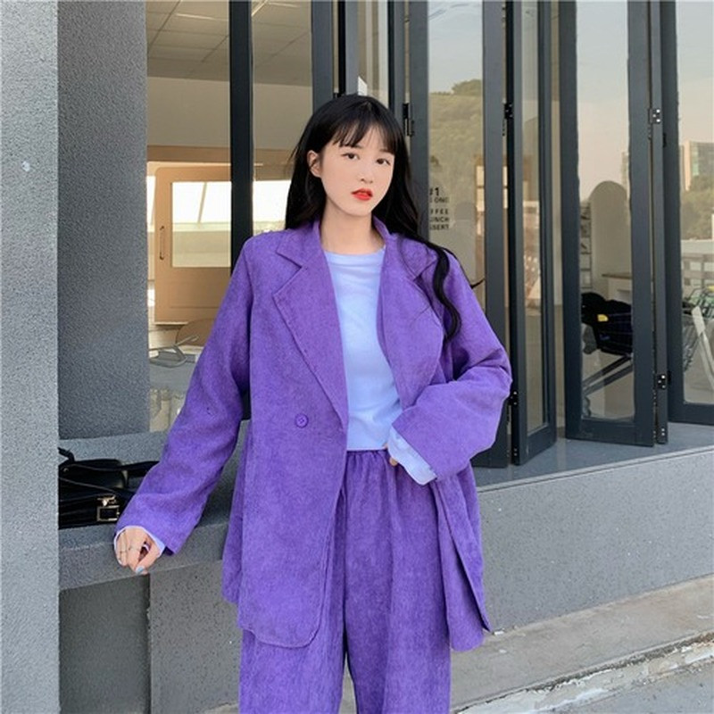 Blazere din velur cu design mov, solid, cu crestătură, pantaloni șic, uni, în stil coreean, de primăvară, de toamnă, pentru femei
