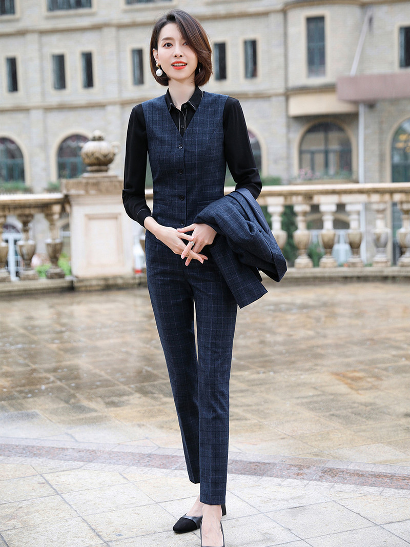 Lenshin Set de 3 piese, de înaltă calitate, în carouri, costum formal, cu pantaloni, blazer, modele de uniforme pentru damă de birou, femei, păstrează jachetă și pantaloni subțiri