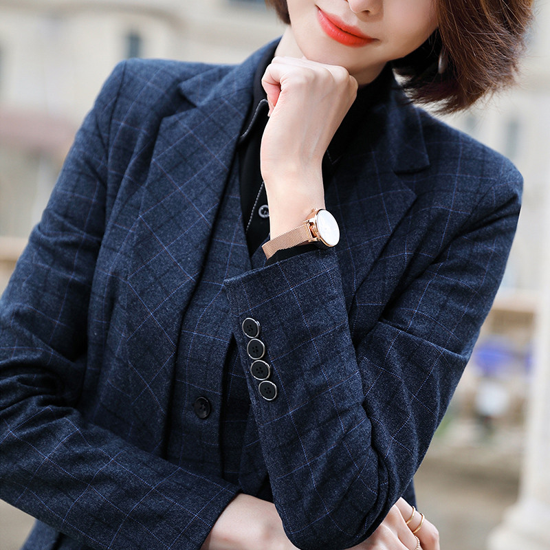 Lenshin Set de 3 piese, de înaltă calitate, în carouri, costum formal, cu pantaloni, blazer, modele de uniforme pentru damă de birou, femei, păstrează jachetă și pantaloni subțiri