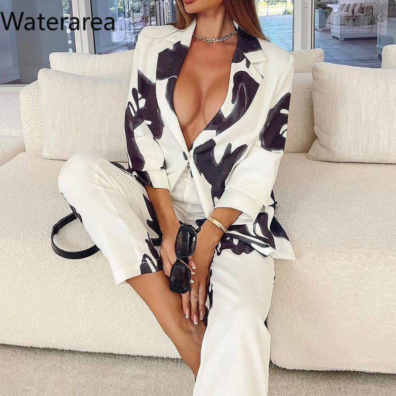 Costum de damă Waterarea Office, elegant, cu mâneci întregi, blazere și pantaloni Set două 2 piese, alb, vintage, haine de afaceri, uniformă toamnă iarnă