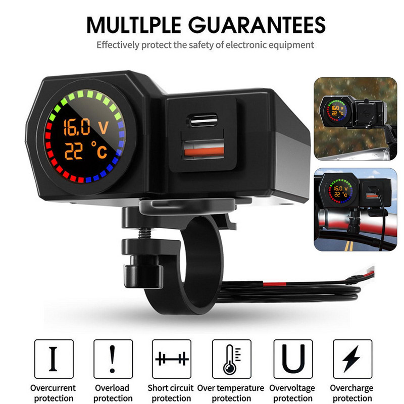 Încărcător USB pentru motociclete cu voltmetru Termometru Afișaj digital Port USB PD Priză brichetă Ghidon pentru motociclete