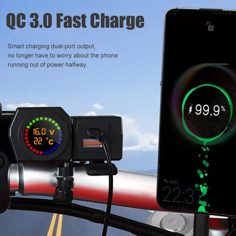 Încărcător USB pentru motociclete cu voltmetru Termometru Afișaj digital Port USB PD Priză brichetă Ghidon pentru motociclete