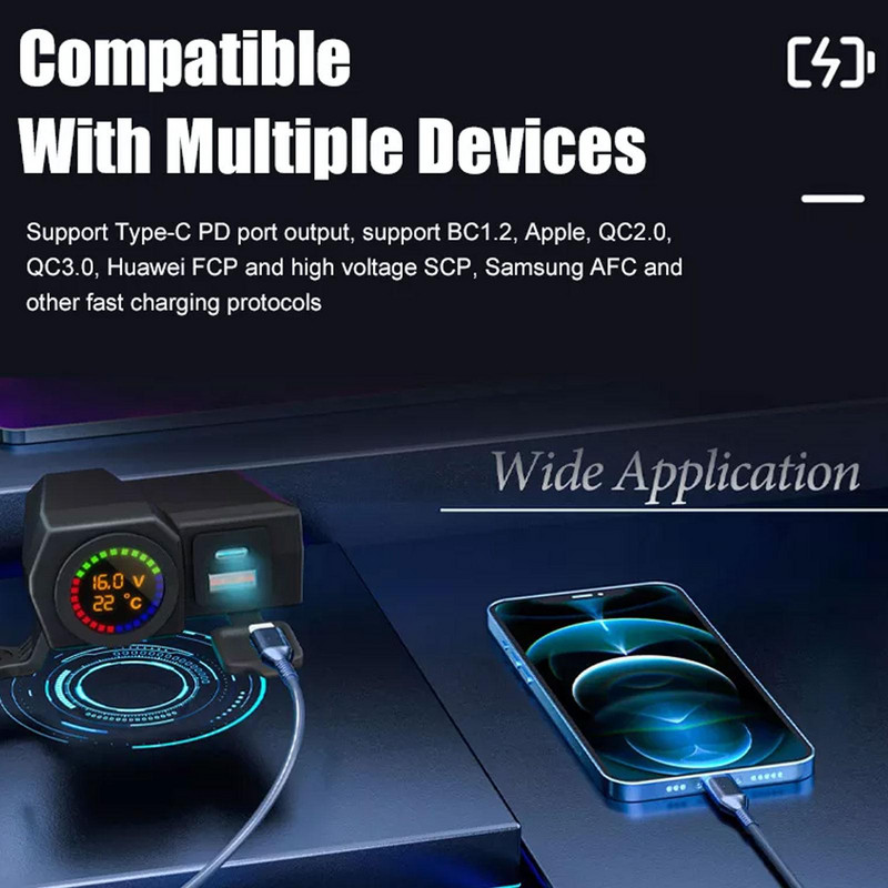 Încărcător USB pentru motociclete cu voltmetru Termometru Afișaj digital Port USB PD Priză brichetă Ghidon pentru motociclete