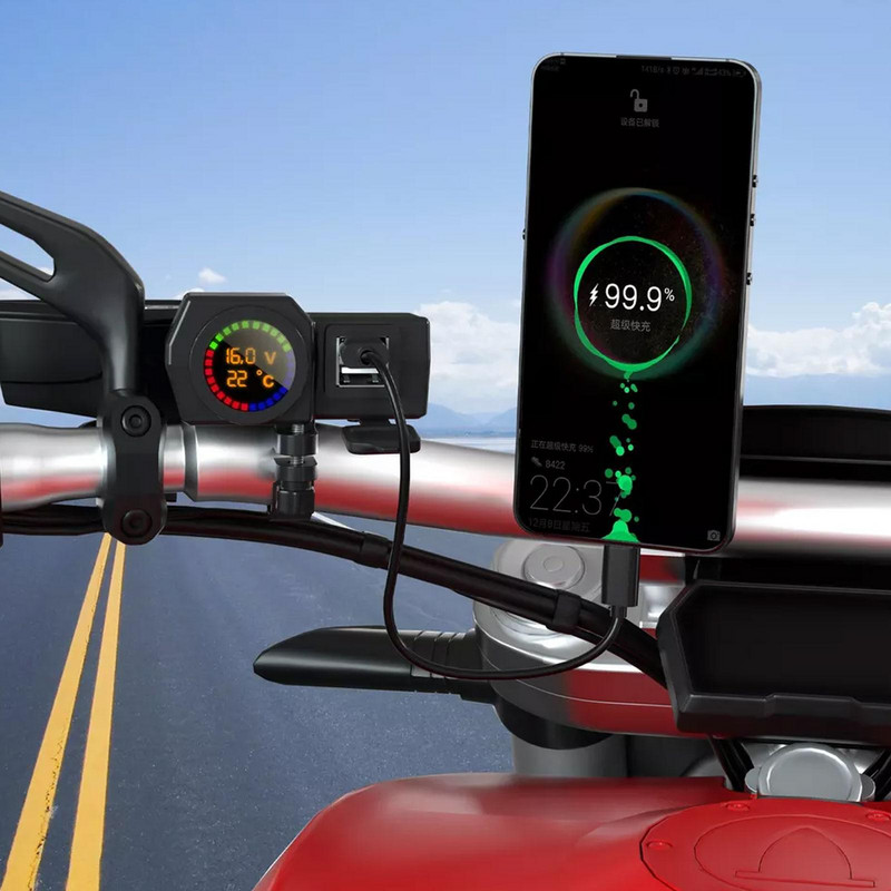 Încărcător USB pentru motociclete cu voltmetru Termometru Afișaj digital Port USB PD Priză brichetă Ghidon pentru motociclete