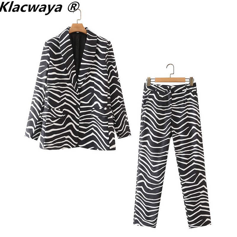 Klacwaya Costum Femei Set Imprimare Zebra Femeie 2 Piese Set Blazer cu Un singur Buton Cu Pantaloni Femei Casual Costume Pantaloni